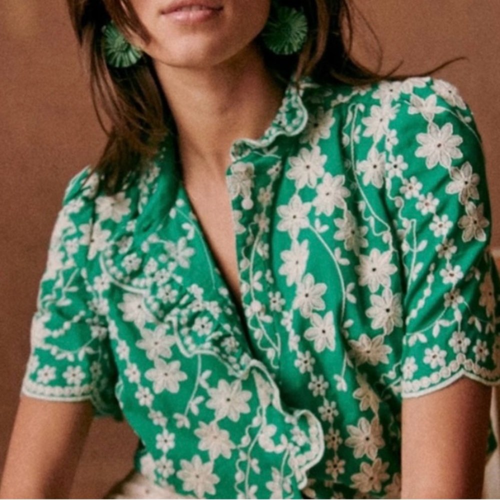 NEW WITHOUT TAGS - Sézane Dalhia blouse, size 38FR (6US), green organic cotton